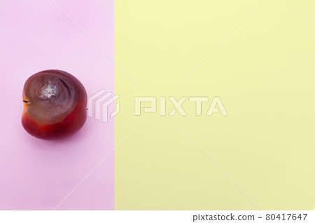 Spoiled food. Rotten nectarine on a colored background. Mold on food leftovers. Copy Space. Place for text. Mockup. Spoiled food. Rotten nectarine on a colored background. Mold on food leftovers. Copy Space. Place for text. Mockup. 80417647