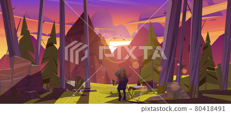 Traveler at forest with mountains view at sunset 80418491