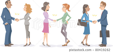 三套商務人士握手。全球和國際的女性和男性。團隊合作和成功的形象。 80419282