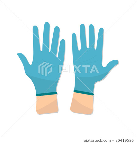 The nurse or doctor wears blue disposable gloves. Flat design.Vector illustration stock. Hands putting on protective blue gloves. Coronavirus and self protective concept. Latex gloves as a symbol of 80419586