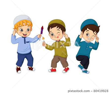 Cartoon muslim kid playing firework	 80419928