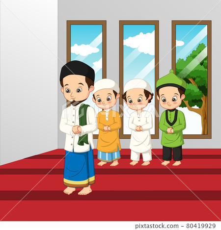 Muslim man and kid praying in a mosque	 80419929