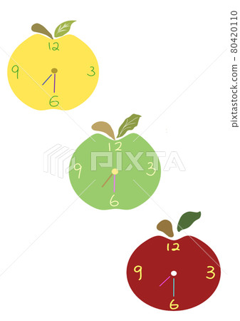 蘋果時鐘,紅色,綠色,黃色,造型,數字,位置,插圖,素材,色彩,3個 80420110