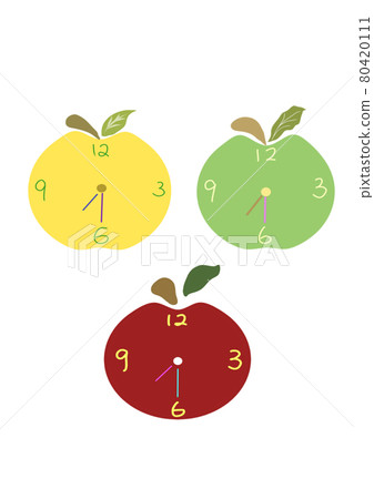 蘋果時鐘,紅色,綠色,黃色,造型,數字,位置,插圖,素材,色彩,3個 80420111