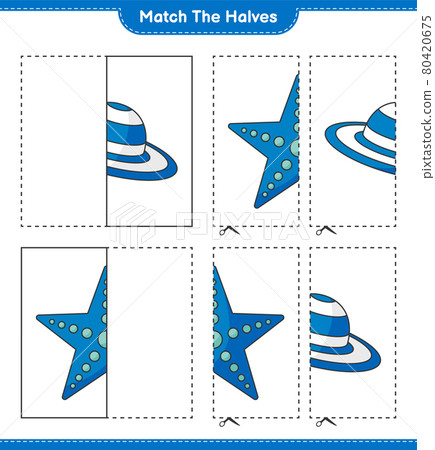 Match the halves. Match halves of Summer Hat and Starfish. Educational children game, printable worksheet, vector illustration 80420675