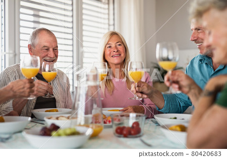 Group of senior friends having party indoors, talking when eating at the table. 80420683
