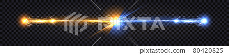 Electric discharge collision, blue vs yellow lightning thunder bolt. Glowing electric shock effect, light flash. Power battle with impulse line wire. Vector illustration Electric discharge collision, blue vs yellow lightning thunder bolt. Glowing electric shock effect, light flash. Power battle with impulse line wire. Vector illustration 80420825