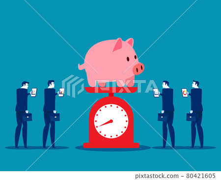 The piggy bank on the scales and analyze team The piggy bank on the scales and analyze team 80421605