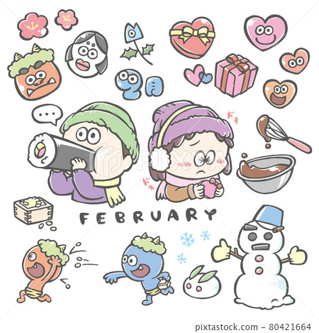 [February illustration] Setsubun, Valentine's Day, snowman, etc. 80421664