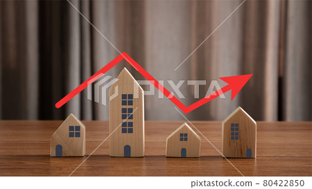 Close up of house model with red arrow pointing up same as step stair go up. concept real estate or property values growth up, Housing price increasing or rising market, investment buying and selling. Close up of house model with red arrow pointing up same as step stair go up. concept real estate or property values growth up, Housing price increasing or rising market, investment buying and selling. 80422850
