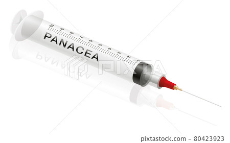 Panacea syringe, a medical universal remedy fake product to promise miracle cure, assured health or other wonders concerning healing issues. Vector illustration. 80423923