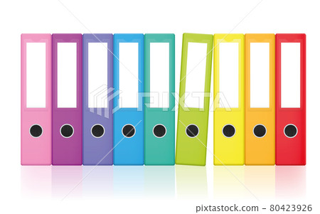 Colored ring binders, colorful blank leaf binder map set, rainbow colors collection for happy office work and tidy filing. Isolated vector illustration on white background. Colored ring binders, colorful blank leaf binder map set, rainbow colors collection for happy office work and tidy filing. Isolated vector illustration on white background. 80423926