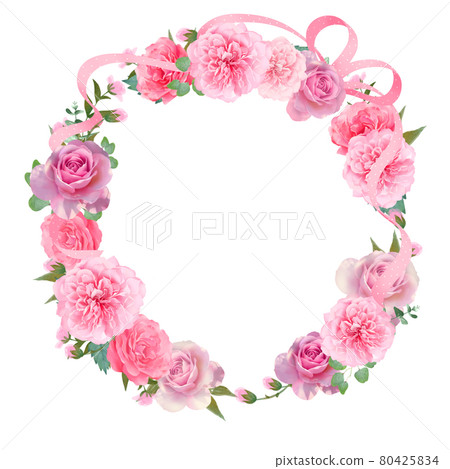 Beautifully colored pink rose flower and polka dot ribbon and plant white back wreath frame illustration material 80425834