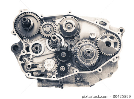 engine cross section with gear wheels, isolated on white engine cross section with gear wheels, isolated on white 80425899