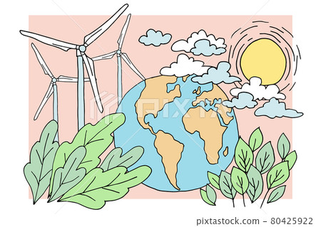 Eco cartoon planet Earth wind mills green leaves. Environmental safety sustainable technology Eco cartoon planet Earth wind mills green leaves. Environmental safety sustainable technology 80425922