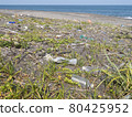 Sandy beach with scattered plastic waste 80425952
