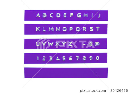 embossed alphabet on violet plastic tape, isolated on white 80426456