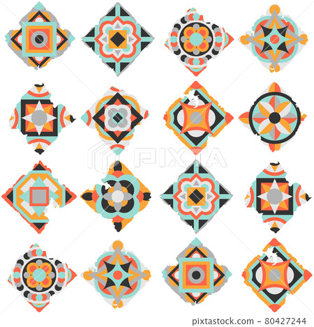 Ceramic tile abstract pattern. Geometric simple motif. Mexican talavera, portuguese azulejo or spanish majolica. Old grunge background with chipped enamel tile. Ceramic tile abstract pattern. Geometric simple motif. Mexican talavera, portuguese azulejo or spanish majolica. Old grunge background with chipped enamel tile. 80427244