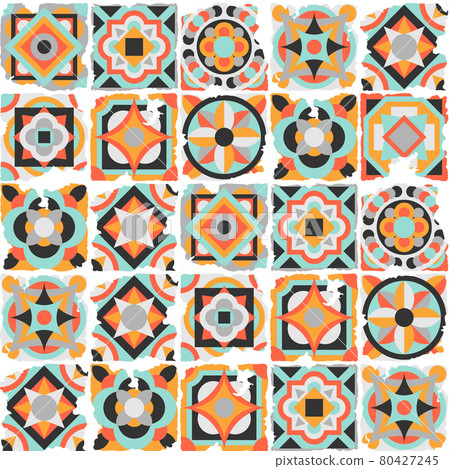Ceramic tile abstract pattern. Geometric simple motif. Mexican talavera, portuguese azulejo or spanish majolica. Old grunge background with chipped enamel tile. 80427245