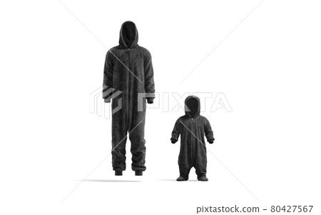 Blank black adult and kid plush jumpsuit with hood mockup 80427567