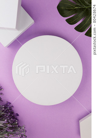 white platform with geometric shapes and flowers and monstera on a purple background white platform with geometric shapes and flowers and monstera on a purple background 80428674