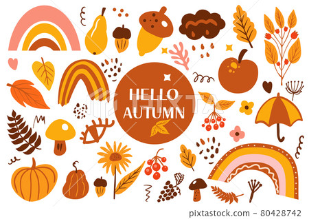 Boho abstract autumn set. Bohemian autumn collection clip art hand drawing style. creative contemporary aesthetic doodle elements harvest, thanksgiving concept. Vector illustration Boho abstract autumn set. Bohemian autumn collection clip art hand drawing style. creative contemporary aesthetic doodle elements harvest, thanksgiving concept. Vector illustration 80428742