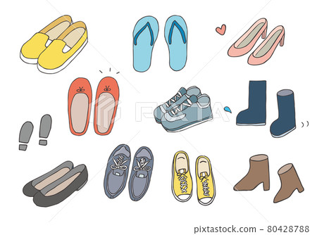 Hand-drawn illustrations of various shoes (color) 80428788