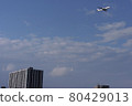 A passenger plane flying low over the city to land at Haneda Airport 80429013