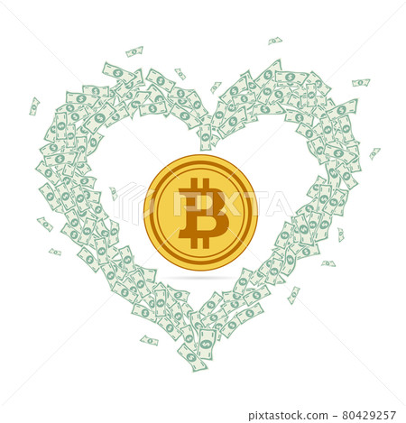 Gold flat coin of digital virtual crypto currency bitcoin inside a heart shape consisting of paper money banknotes. I love bitcoin, cryptocurrency Gold flat coin of digital virtual crypto currency bitcoin inside a heart shape consisting of paper money banknotes. I love bitcoin, cryptocurrency 80429257