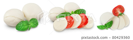 Mozzarella cheese sliced with basil leaf isolated on white background . Set or collection 80429360