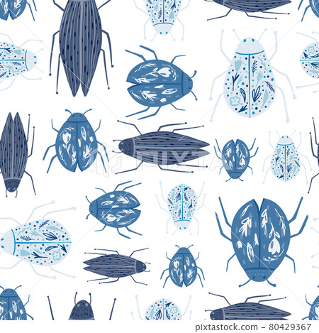 Funny beetle wallpaper. Geometric insect ornament. Blue bugs seamless pattern isolated on white background 80429367