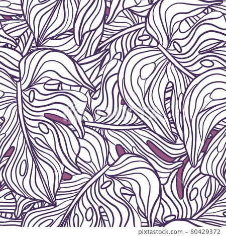 Floral seamless pattern with big purple contoured outline monstera elements. Palm foliage backdrop. 80429372