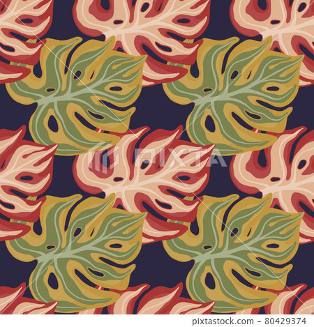 Seamless doodle pattern with hand drawn green and pink colored monstera shapes. Dark purple background. Seamless doodle pattern with hand drawn green and pink colored monstera shapes. Dark purple background. 80429374