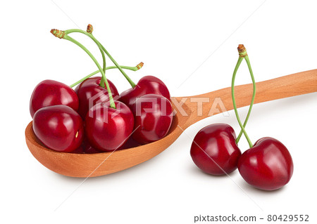 red sweet cherry in wooden spoon isolated on white background with clipping path and full depth of field red sweet cherry in wooden spoon isolated on white background with clipping path and full depth of field 80429552