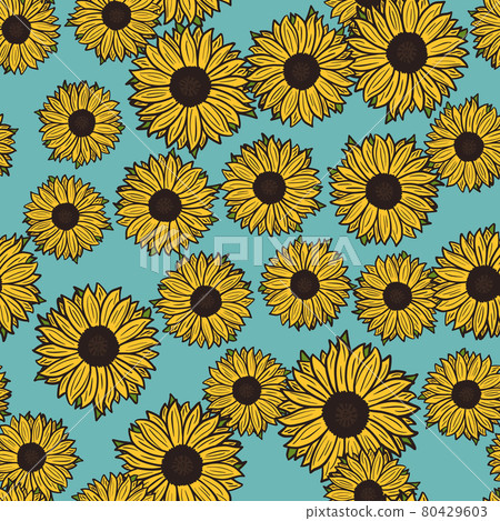 Seamless pattern sunflowers on blue background. Beautiful texture with yellow sunflower and leaves. 80429603
