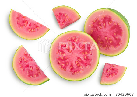 Guava fruit slices isolated on white background with clipping path and full depth of field. Top view. Flat lay Guava fruit slices isolated on white background with clipping path and full depth of field. Top view. Flat lay 80429608