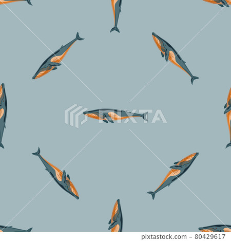 Seamless pattern Fin whale on gray background. Template of cartoon character of ocean for fabric. 80429617