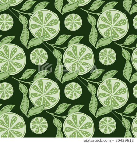 Decorative seamless pattern with green lime slices random print. Dark background. Summer botany print. 80429618