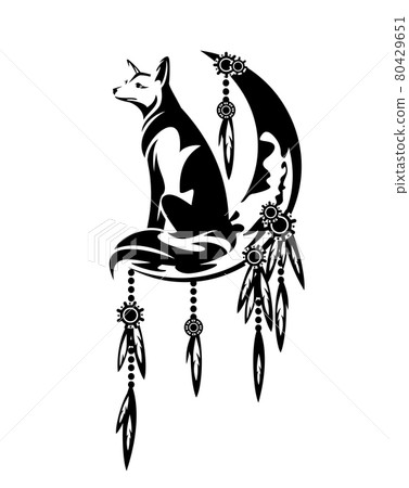 feathered dream catcher with moon crescent and fox black and white vector design 80429651