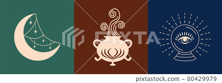 Set of magic symbols, witch tattoos. Black linear sketch, boho design, modern vector illustration 80429979