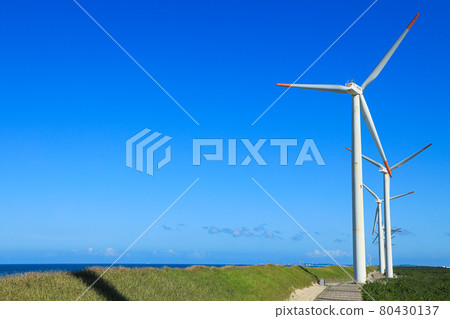 Landscape image of blue sky and wind power generation 80430137