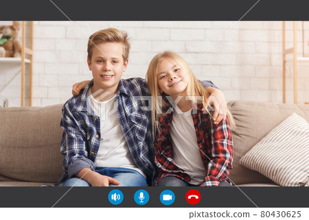 Cute Little Brother And Sister Making Video Call At Home, Pov Interface Cute Little Brother And Sister Making Video Call At Home, Pov Interface 80430625