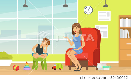 Woman Psychologist Talking with Crying Little Boy Vector Illustration Woman Psychologist Talking with Crying Little Boy Vector Illustration 80430662