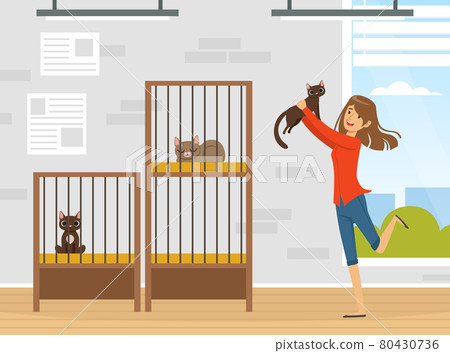 Cheerful Woman Pet Owner Adopting Cat from Boarding Cattery Vector Illustration 80430736