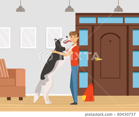 Man Pet Owner Coming Back with His Dog Licking His Face with Joy Vector Illustration 80430737