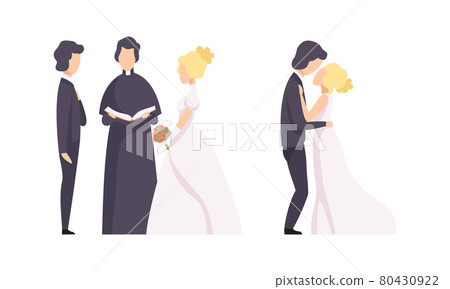 Newlyweds at Wedding Ceremony Set, Happy Couple Celebrating Marriage, Bride and Groom Kissing Flat Vector Illustration Newlyweds at Wedding Ceremony Set, Happy Couple Celebrating Marriage, Bride and Groom Kissing Flat Vector Illustration 80430922