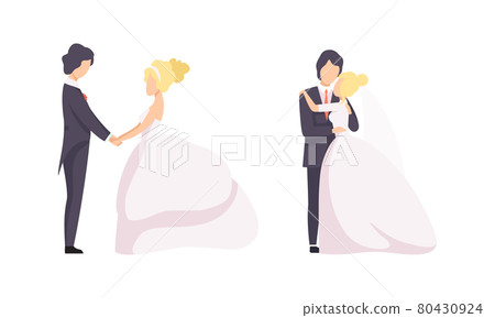 Just Married Newlyweds Set, Happy Couple Celebrating Marriage, Bride and Groom Holding Hands and Embracing Flat Vector Illustration Just Married Newlyweds Set, Happy Couple Celebrating Marriage, Bride and Groom Holding Hands and Embracing Flat Vector Illustration 80430924