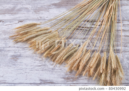 Golden wheat cereal grains spikelets on white wood background. Golden wheat cereal grains spikelets on white wood background. 80430992