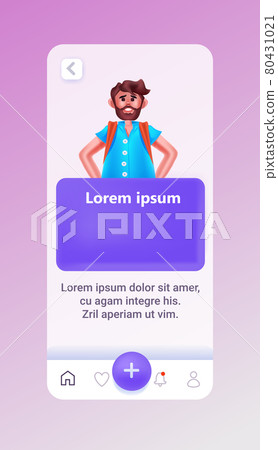 man holding blank banner male cartoon character on smartphone screen vertical 80431021