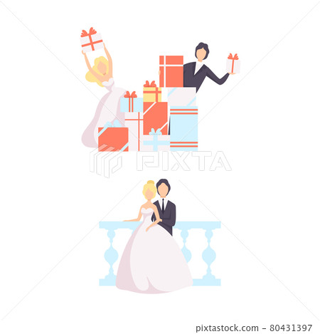 Just Married Couples Set, Bride and Groom Opening Gift Boxes after Wedding Ceremony and Celebrating Marriage Flat Vector Illustration 80431397